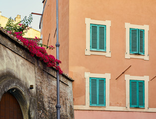 Fototapeta na wymiar Street in the Trastevere area with red flowers on the roof of a building in Rome, Italy