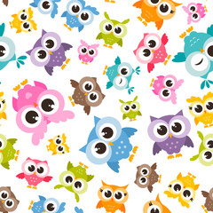 Seamless pattern with colorful funny owls