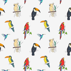 Beautiful tropical seamless pattern with different exotic birds sitting on tree branches and flying on white background. Colorful vector illustration for wallpaper, fabric print, wrapping paper.