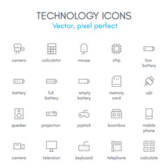 Technology theme line icon set.