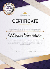 Certificate template with golden decoration element. Design diploma graduation, award. Vector illustration. - obrazy, fototapety, plakaty