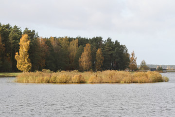 Countryside view of small river pond near small city in autumn, Latvia.