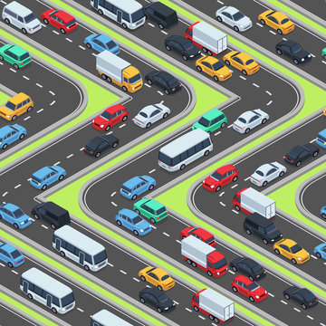 Urban cars seamless texture. Isometric roads and car traffic