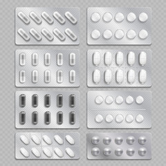 Realistic 3d drugs packaging, painkiller pills isolated on transparent background