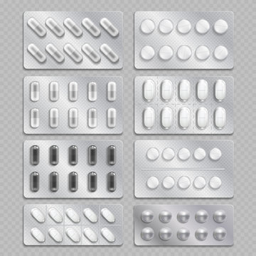 Realistic 3d drugs packaging, painkiller pills isolated on transparent background