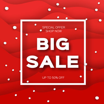 Merry Christmas Big Sale for Promotion. Paper cut Snowflakes banner. Origami Decorations. Snowy winter season. Happy New Year. Square Frame. Text. Snowfall. Red background. Vector