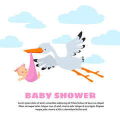 Baby shower vector background with stork carrying infant