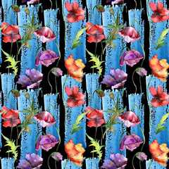 Wildflower poppy flower pattern in a watercolor style. Full name of the plant: poppy. Aquarelle wild flower for background, texture, wrapper pattern, frame or border.