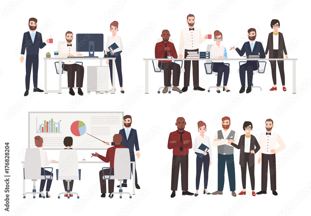 Poster set of office workers dressed in business clothing in different situations - working at computer, co