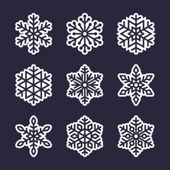 Snowflake flat icons set. Collection of cute geometric snowflakes, stylized snowfall. Design element for christmas or new year card, winter ornament. Frozen snow flakes silhouette on stickers.