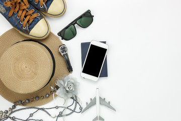 Table top view of accessory travel and fashion women with technology concept background.Difference...