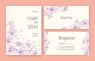 Set of gorgeous templates for Save the Date card, wedding invitation or thank you note with Japanese sakura flowers hand drawn with pink contour lines on light background. Floral vector illustration.