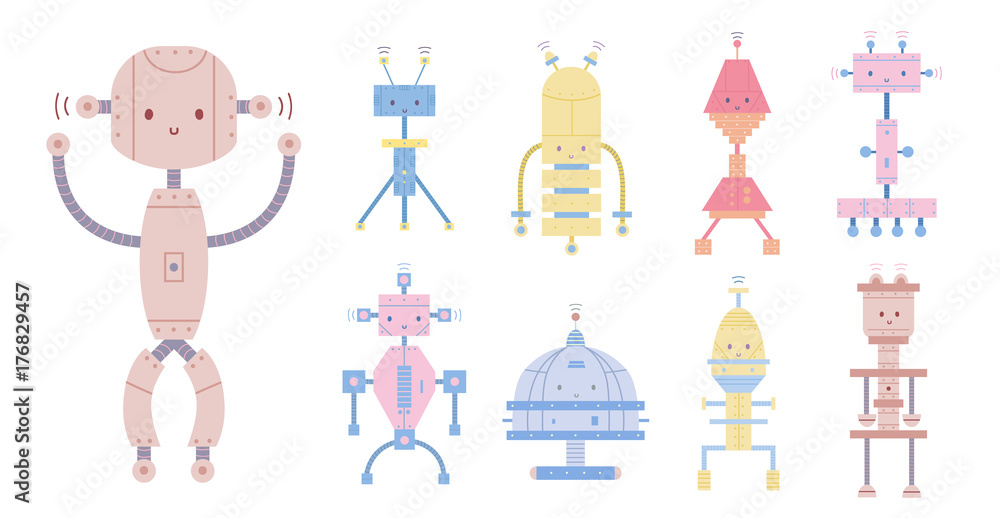 Fototapete collection of colorful cute smiling robots isolated on white background. bundle of different toy cyb