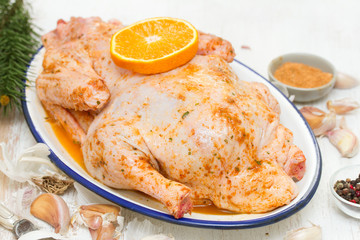 raw duck with spices and orange on white dish