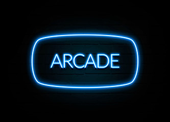 Arcade  - colorful Neon Sign on brickwall