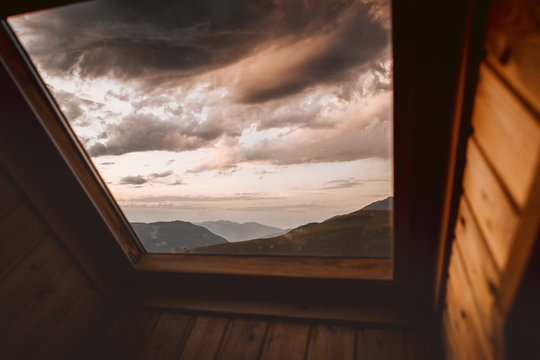View of mountains through window