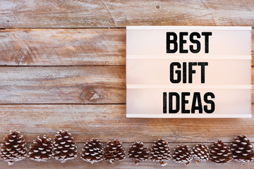 Best Gift Ideas text in lightbox on winter table