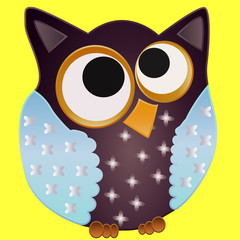 Brown owl with blue wings in stars and eyes centered on the center