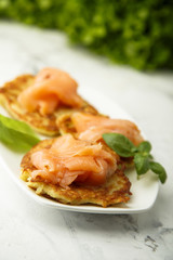 Potato pancakes with smoked salmon