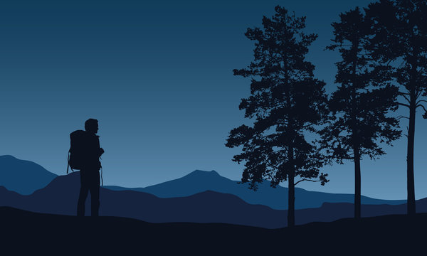 Realistic vector illustration of a night mountain landscape with trees and standing tourist with a backpack