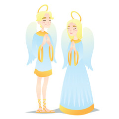 Angelic couple. Cute young boy and girl in style of Angels praying. Vector