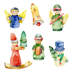 Festive, New Year, Christmas, family toys. Cheerful, old, Christmas decorations. Decorative decoration for Christmas and New Year's tree. Merry, beautiful, happy garland. Watercolor. Illustration