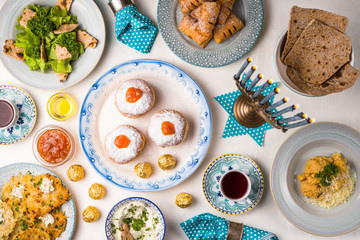 Jewish holiday Hanukkah, traditional feast view from above