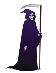 Grim Reaper holding Scythe. Death character in dark robe with hood going for Costume party. Vector.