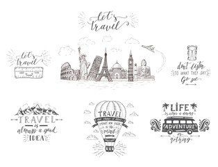 World travel , sights and transport. Set of tourism banners with hand-lettering quotes. © vectorgirl
