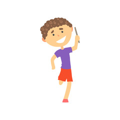 Happy boy participating in a relay race, kids physical activity cartoon vector Illustration