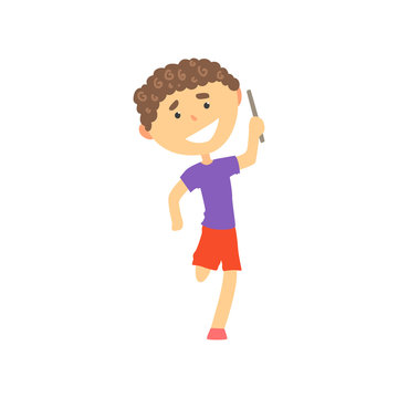 Happy boy participating in a relay race, kids physical activity cartoon vector Illustration