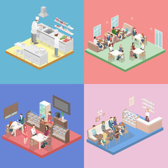 Isometric flat interior of sweet-shop, cafe, canteen and restaurant kitchen.