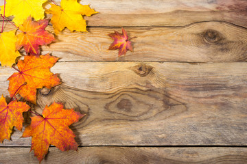 Fall background with yellow and orange fall maple leaves, copy space