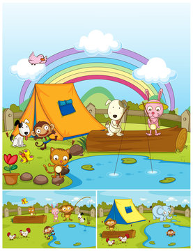 Farm animals playing in the park