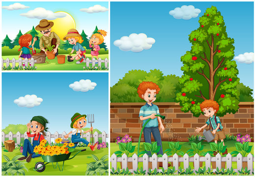Three scenes with family doing gardening