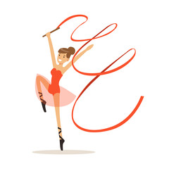 Fototapeta premium Female gymnast exercising rhythmic gymnastics with ribbon, active sport lifestyle vector Illustration