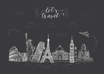 World travel and sights. Tourism banner with hand-lettering quote.