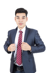 Asian Businessman standing on White Background with Success feeling, Business Success Concept, isolated on white background.