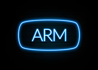 Arm  - colorful Neon Sign on brickwall