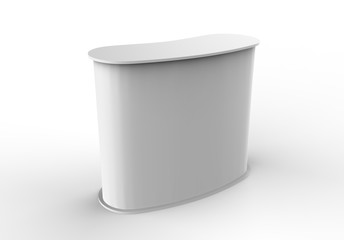 White blank advertising POS POI PVC Promotion counter booth, Retail Trade Stand Isolated on the white background. Mock Up Template For Your Design. 3D illustration