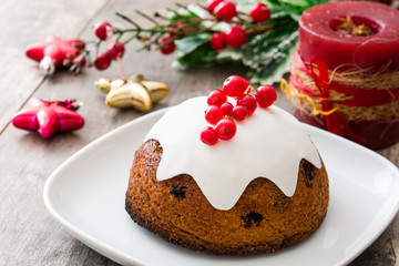 Christmas pudding on wooden table
