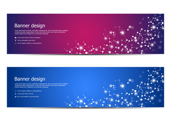 Abstract banner design, dna molecule structure background. Geometric graphics and connected lines with dots. Scientific and technological concept, vector illustration.