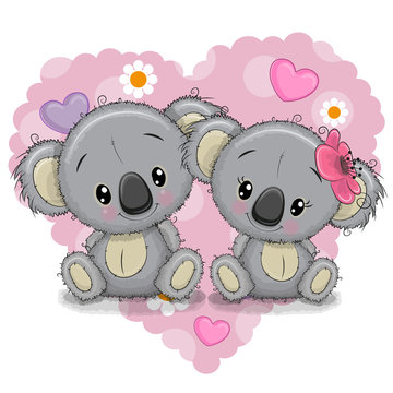 Two Cartoon Koalas on a background of heart