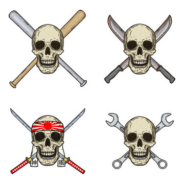 Set of four skulls with different objects. Skull with bats, wrenches, swords and machetes isolated on white background.