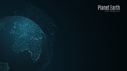 Abstract planet earth. Blue map of the earth from the square points. Dark background. Blue glow. High tech. Sci-fi tech. Global network connection, international meaning. Vector