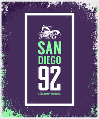 Vintage motorcycle vector logo isolated on dark background.
Premium quality biker gang logotype tee-shirt emblem illustration. San Diego, California street wear superior retro tee print design.
