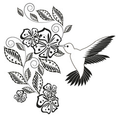 Monochrome hand drawn decorative floral element, hummingbird for coloring page, print, tattoo stock vector illustration