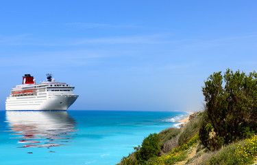 Big cruise liner moored in Mediterranean sea.