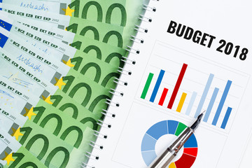 budget 2018, concept, colorful financial charts and money banknotes