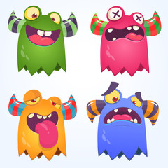 Cartoon monster faces set. Vector set of four Halloween monster faces with different expressions. One-eyed monsters illustration